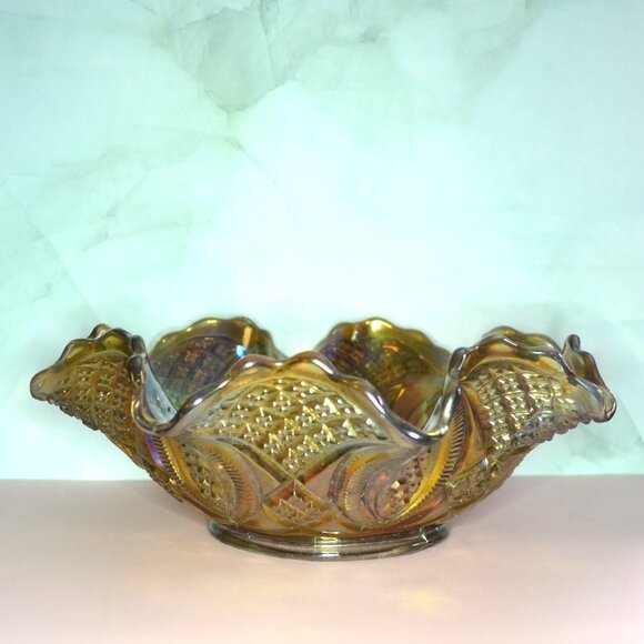 Vintage Imperial Glass Pressed Glass Carnival Diamond Ring Pattern Marigold - Picture 6 of 8